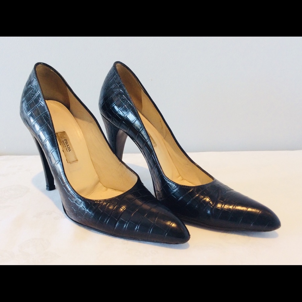 Prada Black Leather Croc Embossed High Heel Pumps